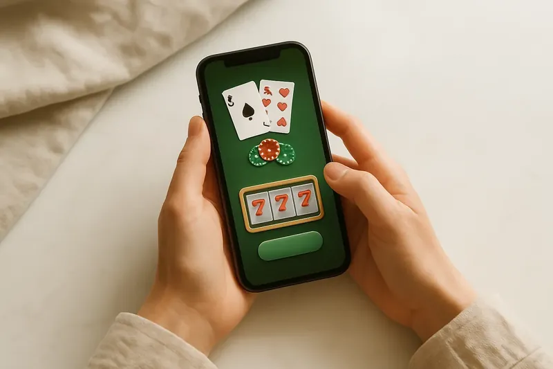 Close-up of hands holding smartphone with casino app on marble surface