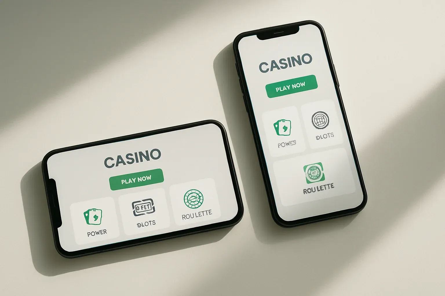 Two smartphones displaying a clean light casino app on white surface