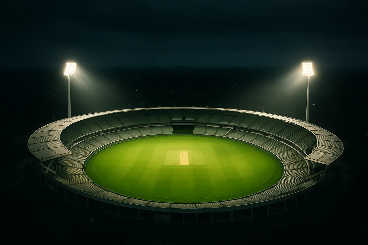 Night Cricket Stadium Aerial view of cricket stadium at night under bright floodlights