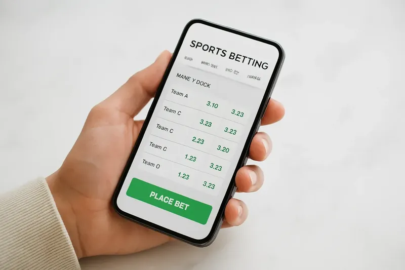 Hand holding smartphone showing sports betting odds on white marble