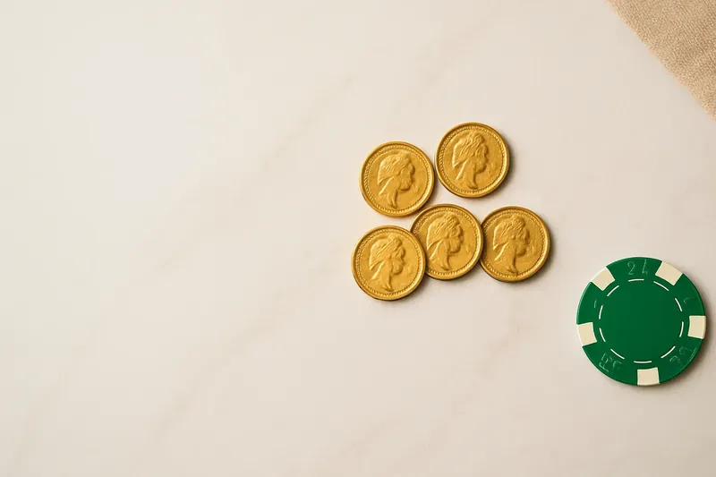 Five gold coins on cream marble with poker chip edge
