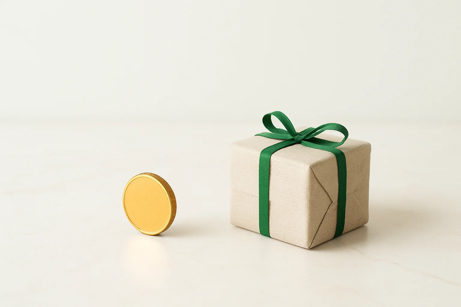 Single gold coin beside small unwrapped gift box on marble surface