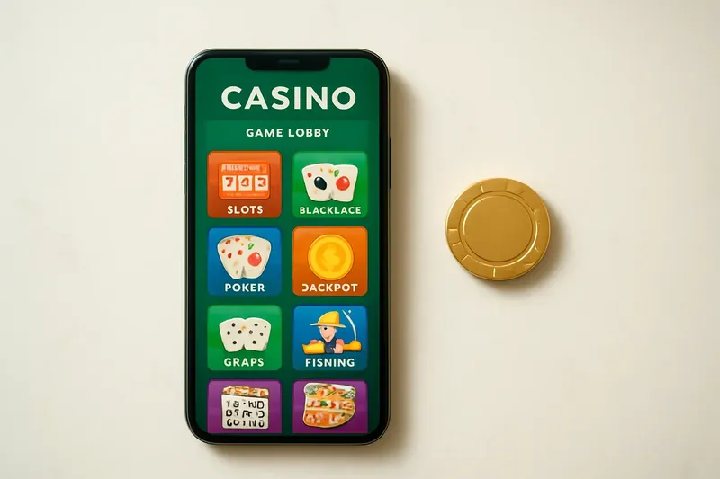 Smartphone on white marble showing colorful casino game lobby