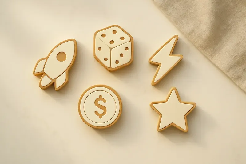 Five 3D instant game symbols on white marble flat lay