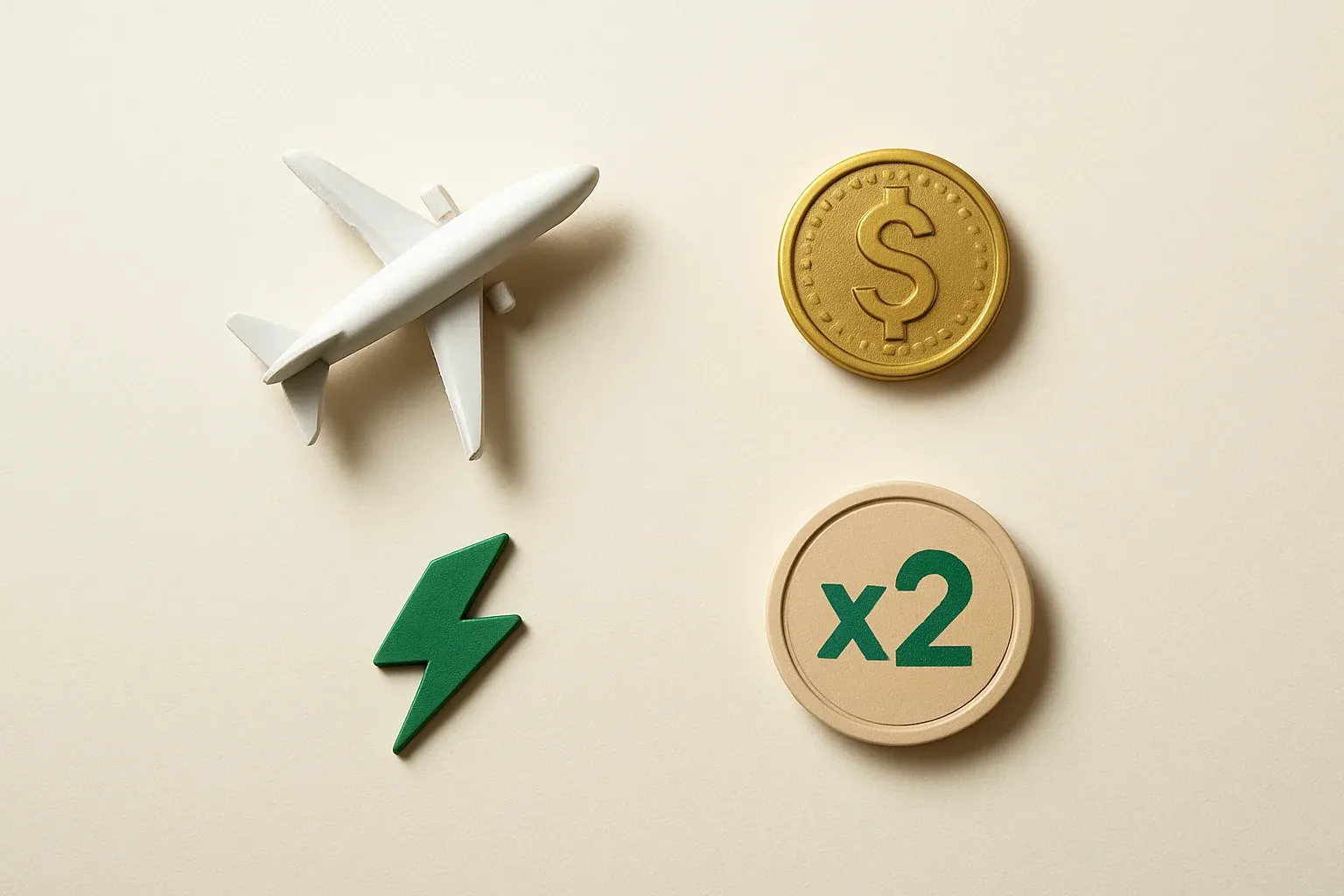 Overhead flat lay with airplane figurine, gold coin, lightning token, multiplier badge