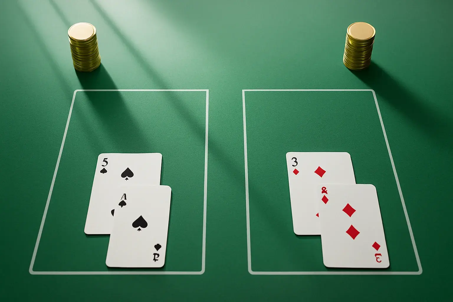 Overhead live baccarat table with gold chip towers and geometric shadows