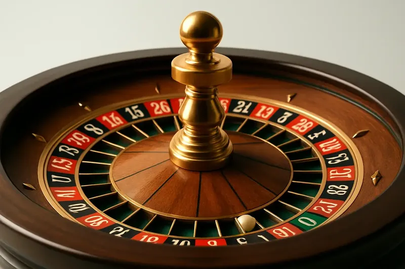 Close-up overhead of roulette wheel center with gold accents